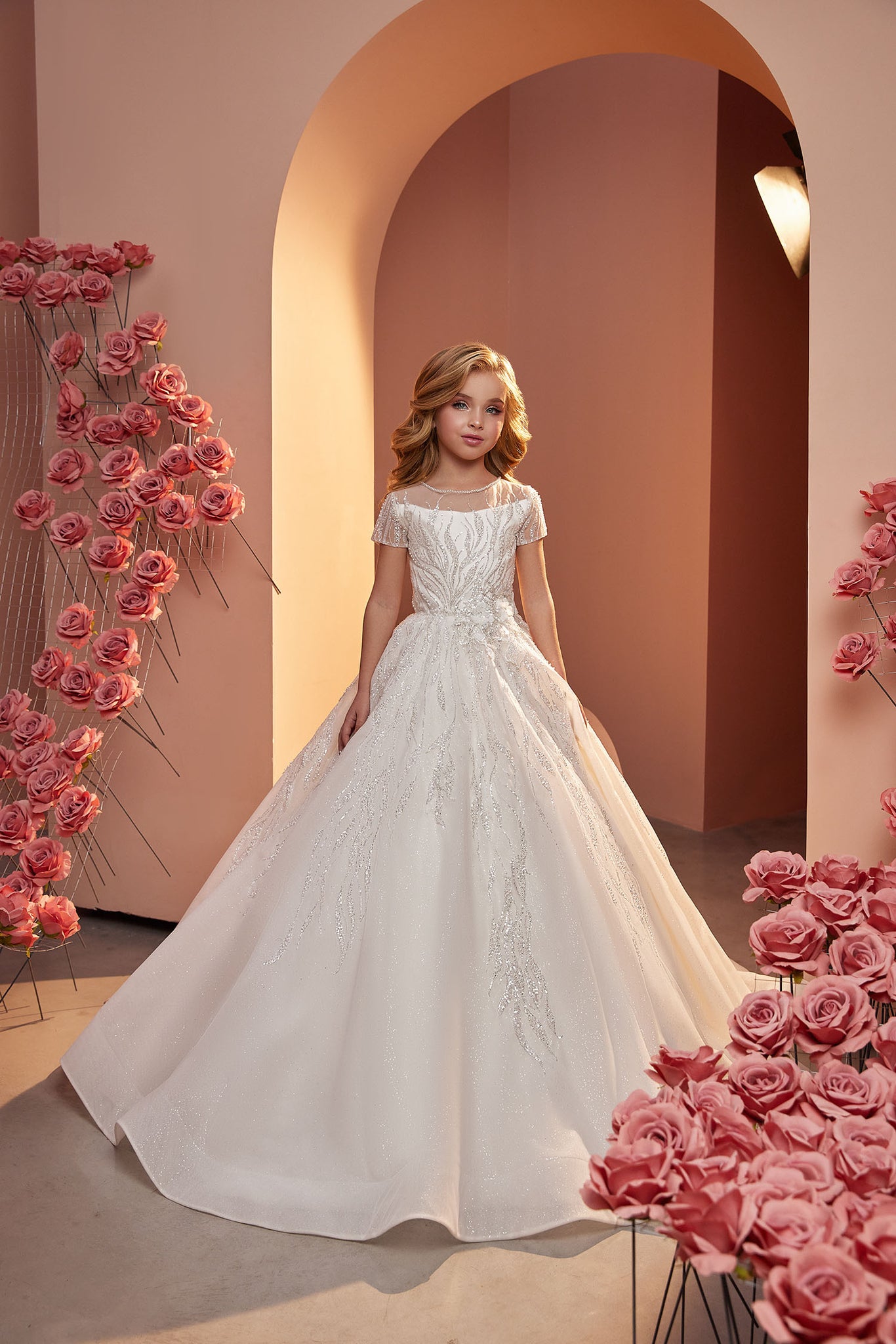 Luxury Satin Plunging Neckline First Communion Dress Flower Girl Dress –  Sparkly Gowns